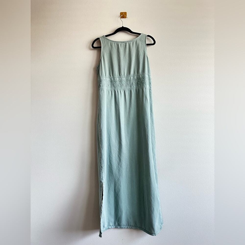 Vintage 90s Norm Thompson Sage Green Maxi Dress Embroidered Cotton Tencel Size M